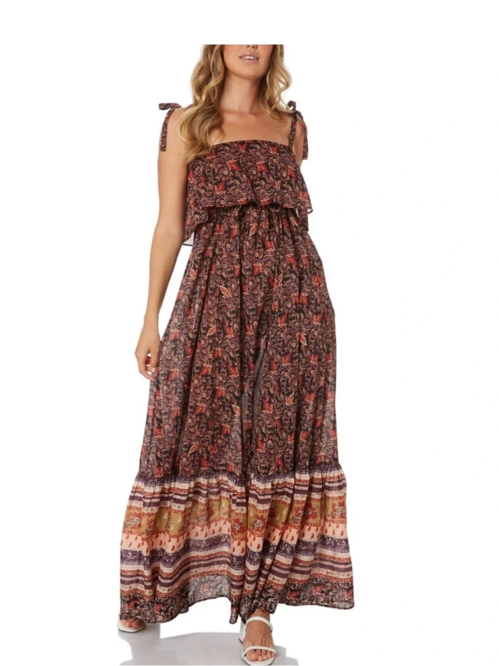 Free People Printed Rust and Brown Boho Tiered Maxi Dress